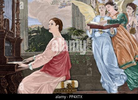 Saint Cecilia (d. 232). Roman vierge et martyre, patronne des musiciens. Gravure de G. Heuer & Kirmse. La soirée. Hebdomadaire Illustré, 1893. De couleur. Banque D'Images