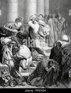 Nouveau Testament. Évangile de Marc. Chapitre XI. Jésus entraîne les marchands du Temple. Le dessin de Gustave Dore. Gravure par A. Bertrand. Banque D'Images