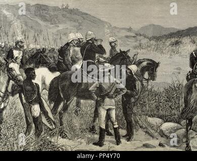 Anglo-Zulu War, 1879. Capture de Cetshwayo. Le détachement de la principale observation plus intelligent le kraal, dernier refuge de l'ex-roi des Zoulous. Gravure par Ovejero. L'illustration espagnole et américaine, 1879. Banque D'Images