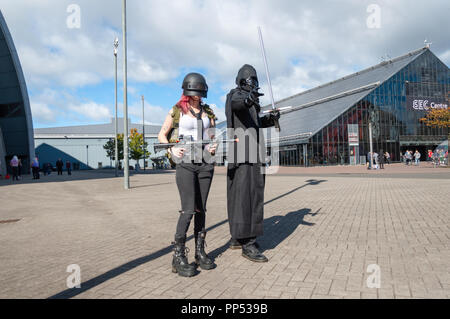 Glasgow, Ecosse, Royaume-Uni. 23 Septembre, 2018. Les cosplayeurs en arrivant sur la deuxième journée de la MCM Ecosse Comic Con tenu au SEC Centre. Credit : Skully/Alamy Live News Banque D'Images