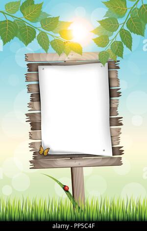 Vector Illustration d'un dessin animé de panneaux bois vertical debout dans l'herbe fraîche et les feuilles d'un arbre avec le papier vierge pour votre publicité. Illustration de Vecteur