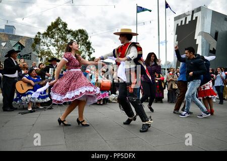 Fiestas Patrias, la terre natale des fêtes, la fête nationale chilienne à Federation Square à Melbourne, VIC, Australie, 18 septembre 2018 Banque D'Images