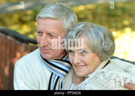 Portrait of happy senior couple in autumn park Banque D'Images