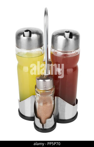 Salière et poivrière en verre isolé sur fond blanc Banque D'Images