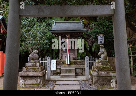 KYOTO, JAPON - 08 février 2018 : deux souris statues et de culte entre encadrée de torii sur Otoyo Jinja à Kyoto Banque D'Images