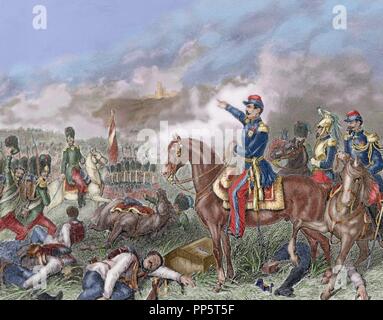 Deuxième guerre d'indépendance Italienne. Napoléon III à la bataille de Solférino. (24 juin 1859). Gravure couleur, 1881. Banque D'Images