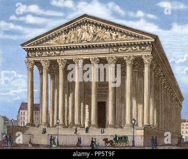 La Madeleine (L'e glise de la Madeleine). Construit en 1806, il a été conçu comme un temple à la gloire de l'armée de Napoléon. Paris. La France. Gravure en couleur. Banque D'Images