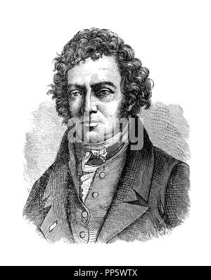 Gravure portrait d'André-Marie Ampère (1775-1836), physicien et mathématicien français fondateur de l'électrodynamique, inventeur et auctodidact. Banque D'Images