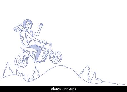 Man riding scooter tourisme paysages de montagne sac à dos voyageur d'arrière-plan de croquis horizontale doodle Illustration de Vecteur