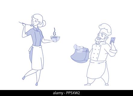 Homme Femme couple chef cuisine soupe dégustation d'équipe femme homme restaurant cuisine nourriture uniforme du croquis ensemble doodle Illustration de Vecteur