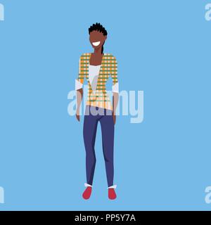 African American Woman occasionnels posent heureux dame femme personnage télévision fond bleu pleine longueur Illustration de Vecteur