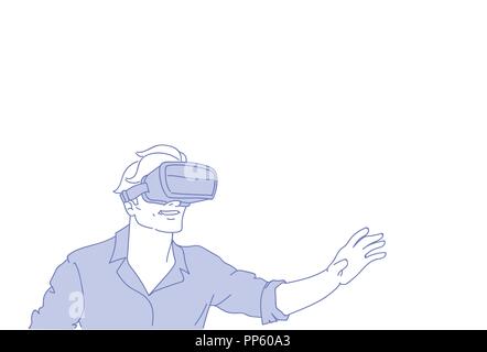L'usure de l'homme moderne VR 3D glasses jouer jeux de réalité virtuelle doodle croquis portrait mâle horizontale Illustration de Vecteur