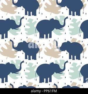 Mignon vecteur illustration de fond transparent avec les éléphants et les feuilles exotiques tropicaux Illustration de Vecteur