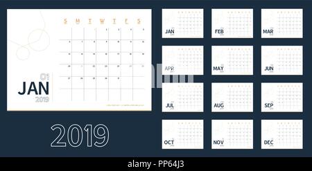 Vecteur de 2019 nouveau calendrier de l'année en minime propre tableau bleu style simple,Holiday event planner,semaine commence le dimanche. : maison de vacances cas.Le format A5 Illustration de Vecteur