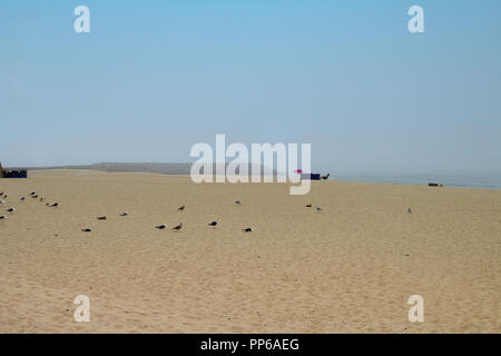Espinho, Portugal. Une plage presque déserte à Espinho, Portugal et au loin un soleil solitaire de la plage jouit de la solitude. Banque D'Images