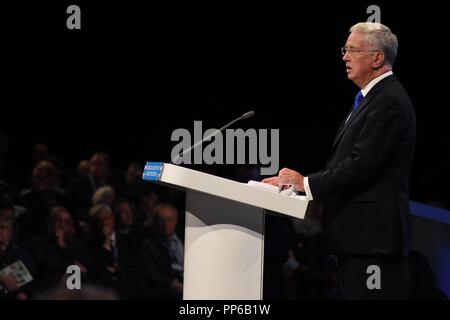 3 octobre 2017 - L'ancien secrétaire de la Défense Michael Fallon discours à la conférence du parti conservateur de 2017 à Manchester, au Royaume-Uni. Banque D'Images