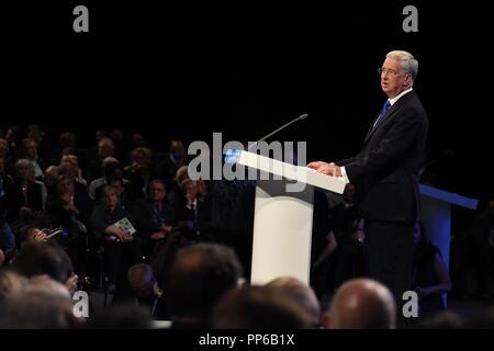 3 octobre 2017 - L'ancien secrétaire de la Défense Michael Fallon discours à la conférence du parti conservateur de 2017 à Manchester, au Royaume-Uni. Banque D'Images