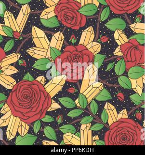 Vector hand drawn seamless pattern de fleurs rose rouge avec des bourgeons, des feuilles, tiges épineuses et cristaux sur le black dotted background. De l'ornement floral Illustration de Vecteur