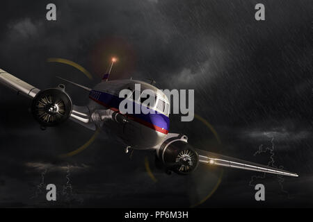 Avion Douglas DC-3, danger et situation dramatique dans le noir orage. Rendu 3D illustration. Banque D'Images