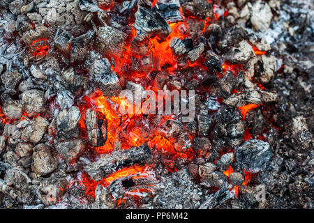 Arrière-plan de braises couvant activement et incandescent des charbons de feu. Banque D'Images