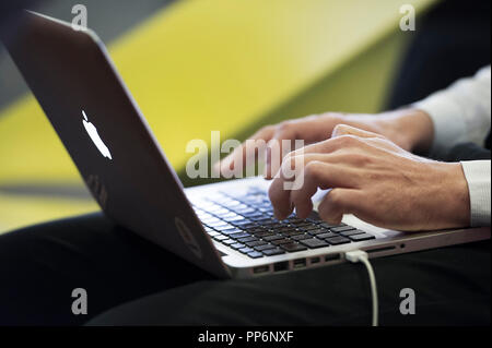 La prise de notes sur un ordinateur lors d'une réunion d'affaires : les mains de quelqu'un tapant sur un clavier Banque D'Images