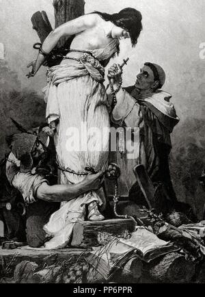 Jeanne d'arc ou la Pucelle d'Orléans. Héroïne Folk de France et d'un saint catholique. Elle a dirigé l'armée française à plusieurs victoires importantes contre l'Angleterre pendant la Guerre de Cent Ans, qui a ouvert la voie pour le couronnement de Charles VII de France. Elle a été brûlée sur le bûcher pour hérésie. Gravure de R. Brend'Amour. 'La Ilustracion Iberica', 1885. Banque D'Images