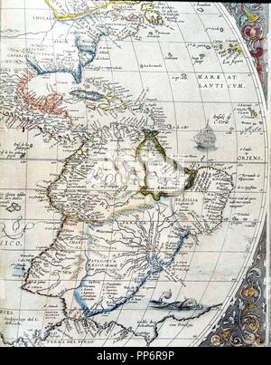 CARTOGRAFIA. Carte DE AMERICA CENTRAL Y AMERICA DEL SUR. REALIZADO POR ABRAHAM ORTELIUS EN LA OBRA ' Theatrum Orbis Terrarum AÑO 1573 ' ,. SERVICIO GEOGRAFICO del Ejercito. MADRID. Banque D'Images