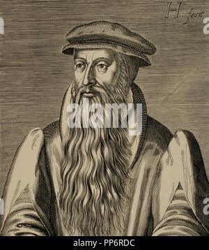 John Knox (1514-1572). Prêtre écossais, chef de la Réforme protestante en Ecosse. Gravure de H. Hondins les jeunes. L'histoire universelle, 1885. Banque D'Images