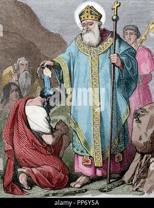 Saint Martial a été le premier évêque de Limoges dans la France d'aujourd'hui. Est mort 1ère ou 3ème siècles. Gravure de Capuz. Ano Cristiano, 1852. De couleur. Banque D'Images