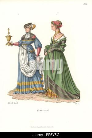 Swiss costumes de femmes à partir de 1510-1550. Femme de Bâle par Hans Holbein dans un musée de la ville de Bâle, et un Suisse, la femme bourgeoise présentant une tasse à son mari (probablement une conception d'un vitrail) B. chromolithographie de Hefner-Alteneck's 'Costumes, Œuvres et appareils du Moyen-Âge au 17ème siècle", Francfort, 1889. Illustration par le Dr Jakob Heinrich von Hefner-Alteneck, lithographiée par C. Regnier. Le Dr Hefner-Alteneck (1811-1903), était un conservateur de musée, archéologue, historien de l'art, illustrateur et graveur. Banque D'Images