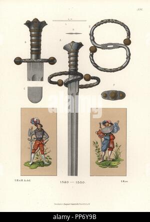 Épée d'un mercenaire allemand, au début du 16e siècle. Sword couilles, garde et lame d'un Landsknechtes, et deux images de mercenaires avec épée en double et colorée en chute et matelassé costumes. Chromolithographie de Hefner-Alteneck's 'Costumes, Œuvres et appareils du Moyen-Âge au 17ème siècle", Francfort, 1889. Illustration par le Dr Jakob Heinrich von Hefner-Alteneck, lithographiée par I.K. Le Dr Hefner-Alteneck (1811-1903), était un conservateur de musée, archéologue, historien de l'art, illustrateur et graveur. Banque D'Images