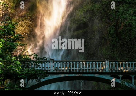 Multnomah Falls bridge avec cascade ensoleillée, nous historique route 30, Columbia River Highway, Oregon, USA. Banque D'Images