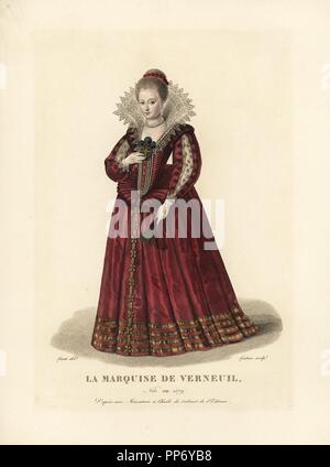 Catherine Henriette de Balzac d'Entragues, Marquise de Verneuil, maîtresse du roi Henri IV de France, 1579-1633. Après une miniature peinture à l'huile. La gravure sur cuivre coloriée par Gatine après une illustration par Louis Marie lante de Pierre de la Mesangere's 'Costumes des femmes celebres' (costumes de femmes célèbres), Paris, 1827. Banque D'Images