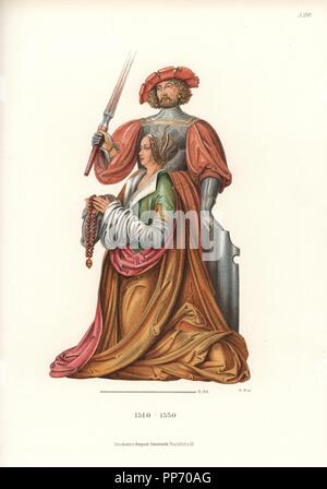 Femme agenouillée avec un chevalier en armure debout derrière elle. Elle porte un bonnet brodé et grande cape de velours sur une robe de velours, et est titulaire d'un rosaire. Par un artiste inconnu de l'école souabe, 16ème siècle. Probablement originaire de l'un porte sur un autel. Chromolithographie de Hefner-Alteneck's 'Costumes, Œuvres et appareils du Moyen-Âge au 17ème siècle", Francfort, 1889. Lithographiée par C. Regnier. Le Dr Jakob Heinrich von Hefner-Alteneck (1811-1903), était un conservateur de musée, archéologue, historien de l'art, illustrateur et graveur. Banque D'Images