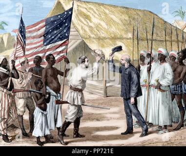 L'Afrique. Rencontre entre Henry Morton Stanley (1799-1869) et David Livingstone (1813-1873) dans le village d'Ujiji, sur le lac Tanganyika. Gravure en couleur. Banque D'Images