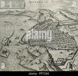 La France. Marseille en 16ème siècle. La carte. Gravure en 'Théâtre des principalles villes de tout le monde' par Georges Brun de Cologne, 1573. Banque D'Images