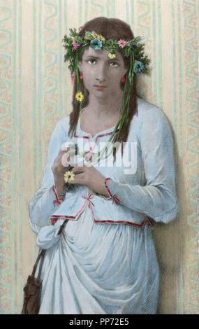 William Shakespeare (1564-1616). Poète anglais. Gravure de la tragédie d'Hamlet. Ophélia caractère. De couleur. Banque D'Images