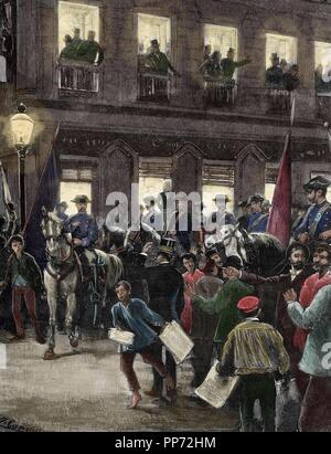 L'Espagne. Règne d'Alphonse XII. Conflit d'îles Carolines, par l'Allemand contestant sur la souveraineté espagnole dans les îles. Manifestation patriotique dans la rue de Séville, Madrid. Dans la gravure Illustration espagnole et américaine, 1885. De couleur. Banque D'Images