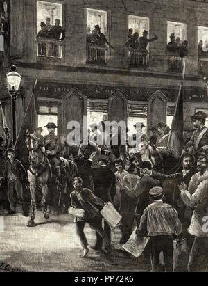 L'Espagne. Règne d'Alphonse XII. Conflit d'îles Carolines, par l'Allemand contestant sur la souveraineté espagnole dans les îles. Manifestation patriotique dans la rue de Séville, Madrid. Dans la gravure Illustration espagnole et américaine, 1885. Banque D'Images