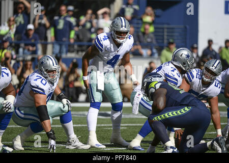 Seattle, Washington, USA. 29Th Sep 2018. DAK PRESCOTT (4) l'exécution de l'infraction comme le Cowboy Dallas Cowboys jouer les Seattle Seahawks dans un match de la NFL à Century link Field à Seattle, WA. Crédit : Jeff Halstead/ZUMA/Alamy Fil Live News Banque D'Images