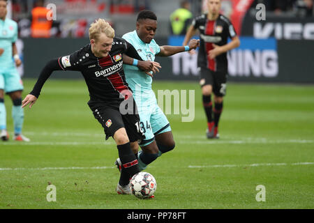 Leverkusen, Allemagne. 29Th Sep 2018. Julian Brandt (L) de Bayer 04 Leverkusen dispute à Bakou Ridle de FSV Mainz au cours de la Bundesliga match entre Bayer 04 Leverkusen et 1. FSV Mainz 05 au BayArena à Leverkusen, Allemagne, le 23 septembre 2018. Leverkusen a gagné 1-0. Credit : Joachim Bywaletz/Xinhua/Alamy Live News Banque D'Images