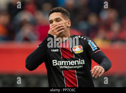 Leverkusen, Allemagne. 29Th Sep 2018. Leverkusen, Allemagne Le 23 septembre 2018, Bundesliga journée 4, Bayer 04 Leverkusen - 1. FSV Mainz 05 : Paulinho (B04) reagiert. Credit : Juergen Schwarz/Alamy Live News Banque D'Images