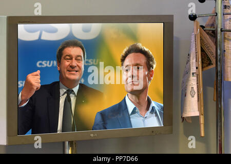 FOTOMONATGE : TV duel avant d'élection d'État de Bavière : le 26 septembre, il s'agit de la télévision bavaroise (BR) pour le grand duel de la télévision top candidats Markus SOEDER (CSU, Premier Ministre de la Bavière), et Ludwig Hartmann (re, Buendnis90/Les Verts). Dans le monde d'utilisation | Banque D'Images