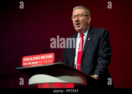 Liverpool, Royaume-Uni. Sep 24, 2018. Len McCluskey, Secrétaire général d'Unite the Union, prend la parole à la conférence du parti travailliste à Liverpool. Credit : Russell Hart/Alamy Live News Banque D'Images