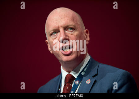 Liverpool, Royaume-Uni. Sep 24, 2018. Matt Rack, Secrétaire général de l'Union européenne (Pompiers), FBU parle lors de la conférence du parti travailliste à Liverpool. Credit : Russell Hart/Alamy Live News Banque D'Images