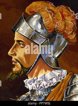 Vasco Núñez de Balboa (1475-1517). L'explorateur espagnol. Découvreur de l'océan Pacifique, le 25 septembre 1513. Gouverneur de Panama et, Coiba 1514. L'aquarelle. Banque D'Images