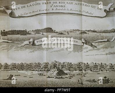 Le colonialisme. L'Afrique. Côte d'Or hollandais. Vue de la côte près de Saint Andrew river et le Fort Santo Antonio, 16e siècle, à Axim. Capturé pour le portugais et plus tard occupé par les Britanniques. Dessin de William Smith, 1726. La gravure. Banque D'Images