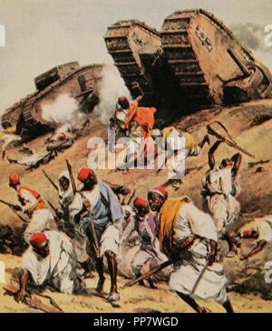 Guerre de Libye ou guerre Italo-Turkish (1911-1912). Conflit entre l'Empire Ottoman et le Royaume d'Italie. Bataille de juin, 8 47931 Miramare, 1912. La victoire italienne. Gravure de La Domenica del Corriere, Italie. Banque D'Images