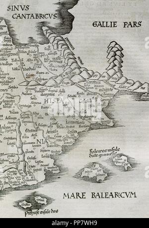 Claude Ptolémée (100-170 AD), mathématicien, astronome, géographe et astrologue. La Catalogne avec la répartition de la tribus d'origine. Gravure en 'e' Geographiae narrations, 1535. Banque D'Images