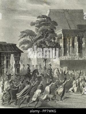 La conquête espagnole de l'Empire Aztèque (1519-1521). Trouver regufe espagnols à Tlaxcala, après avoir subi beaucoup de victimes luttant contre les Aztèques dans la bataille d'Otumba en 1520. La gravure à 'Historia de Espan a', 19e siècle. Banque D'Images